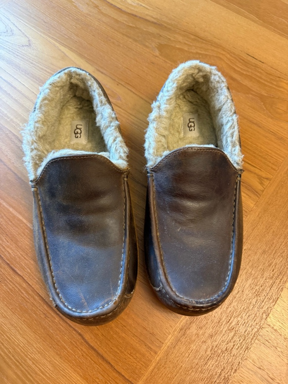 UGG Men's Brown Leather Shearling-Lined Slip-On Slippers - Size 12